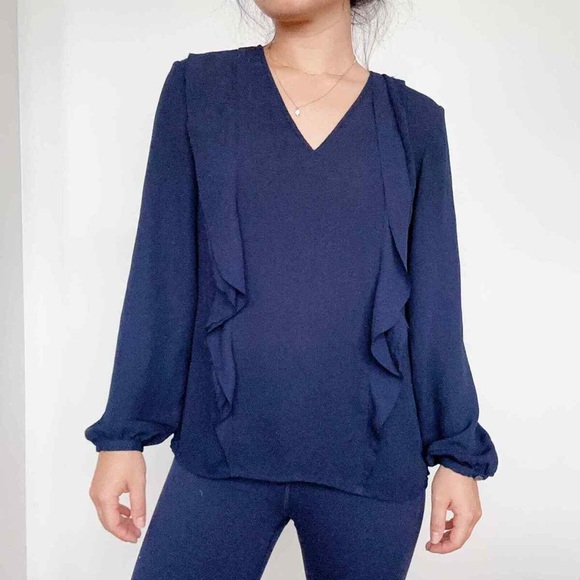 Banana Republic Tops - Banana Republic-Navy blue Ruffled‎ Long-Sleeve Blouse Size M